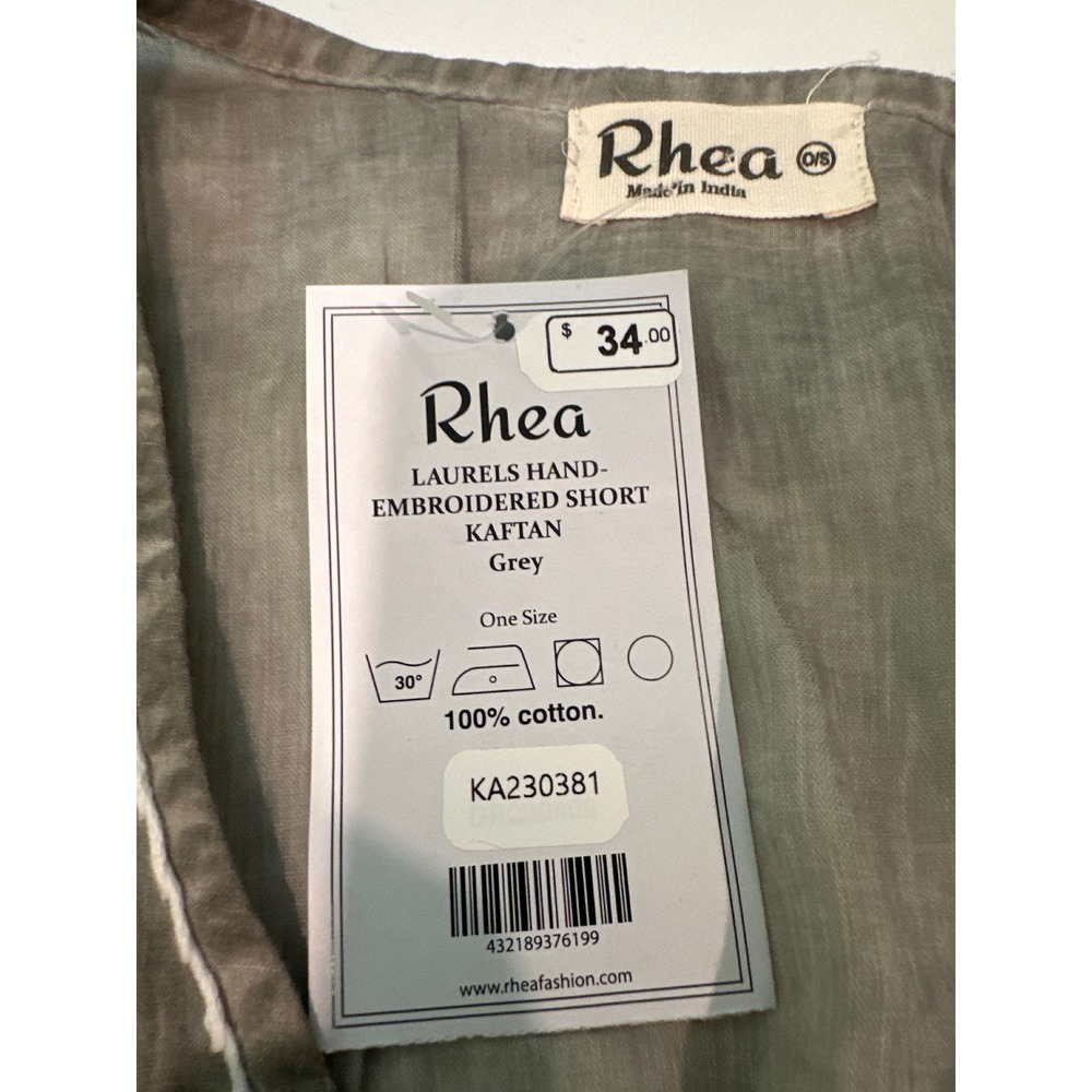 Rhea Laurels Hand Embroidered Short Kaftan Grey Cotton Tassel Cover Up One Size - Picture 3 of 3